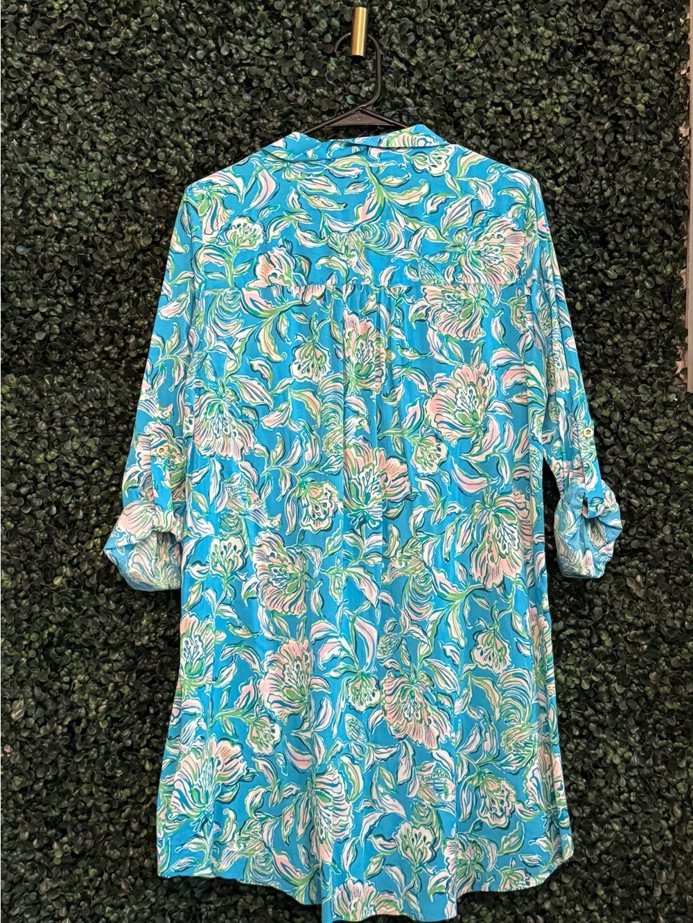 Lilly Pulitzer Turquoise Floral Collared Shirtdress with Pink & Green Accents - Picture 5 of 5